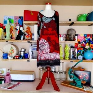 Desigual A Line Knee Length Dress Lace Red Black Textile Print Size XL